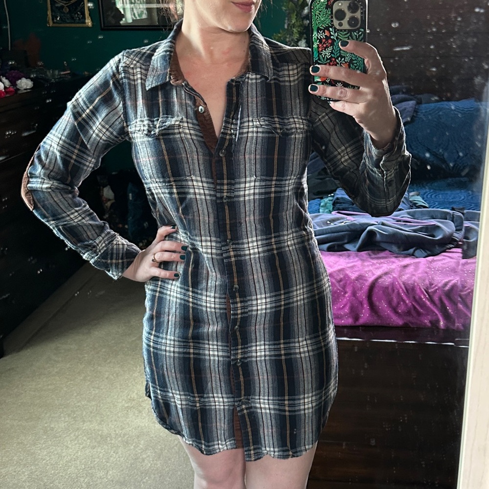 Plaid Button-Up Shirt with Elbow Patches